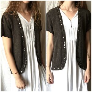 Sarah‎ Spencer Earthy Green Embellished Open Front Shrug Short Sleeve Knit Top